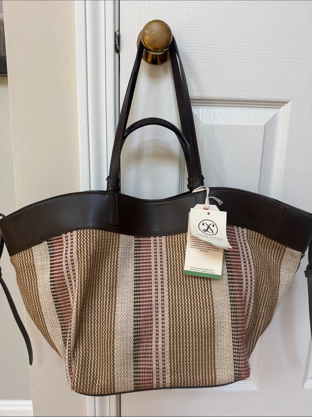 NWT Divina Firenze Italian Striped Woven / Leather Shopper Tote Bag